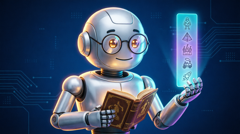 Ilustrasi robot sejarawan memegang buku dan linimasa holografik